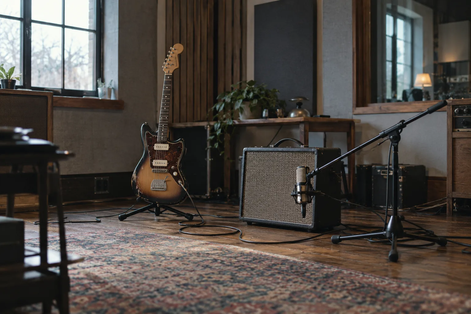 An electric guitar, amplifier and microphone in a fictional live room