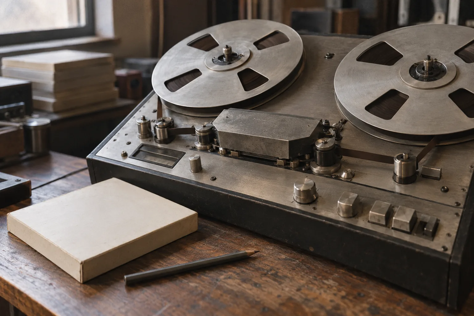 A reel-to-reel tape machine beside a blank tape box and pencil