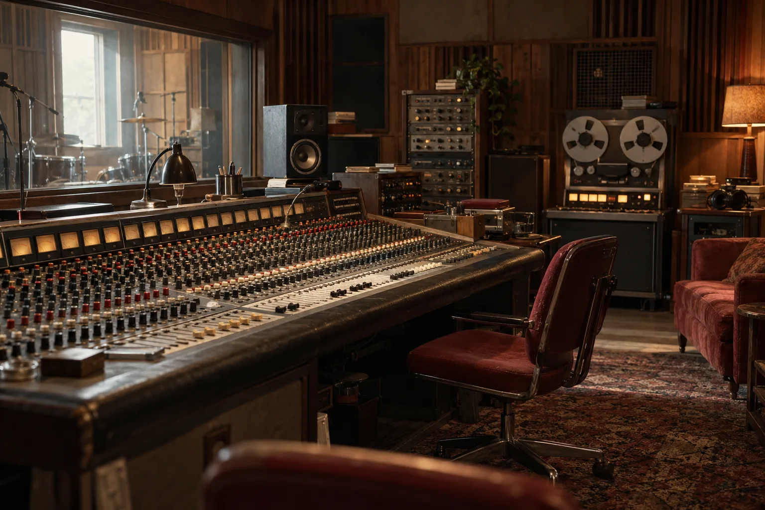 An analog console facing the window of a fictional recording control room